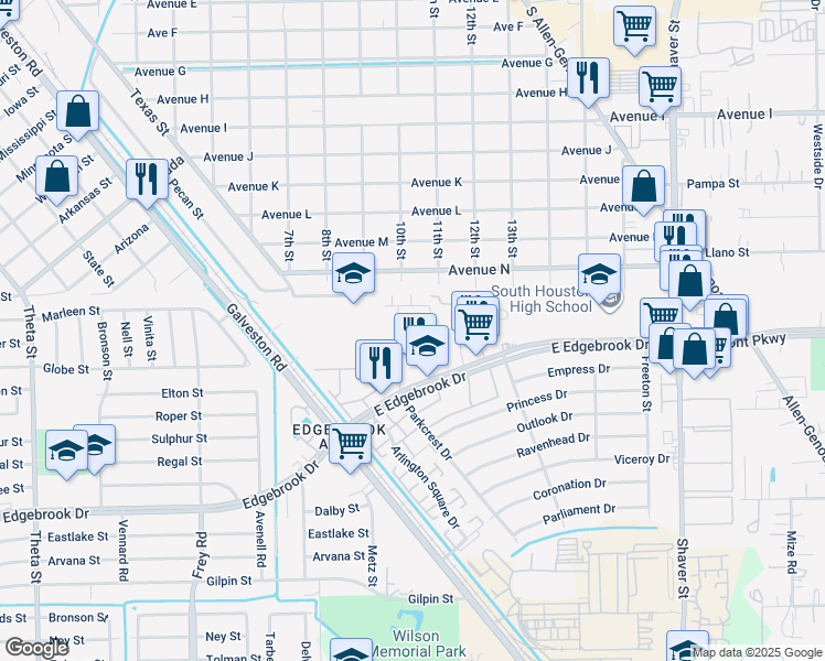 map of restaurants, bars, coffee shops, grocery stores, and more near 101 East Edgebrook Drive in Houston