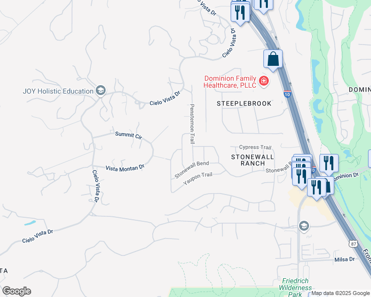 map of restaurants, bars, coffee shops, grocery stores, and more near 511 Penstemon Trail in San Antonio