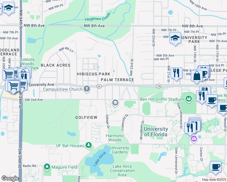 map of restaurants, bars, coffee shops, grocery stores, and more near 25 Southwest 24 Street in Gainesville