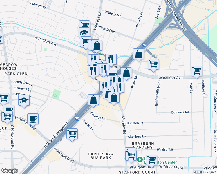 map of restaurants, bars, coffee shops, grocery stores, and more near 11642 Southwest Freeway in Houston