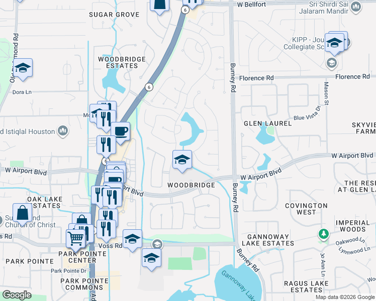 map of restaurants, bars, coffee shops, grocery stores, and more near 11134 Hundred Bridge Lane in Sugar Land