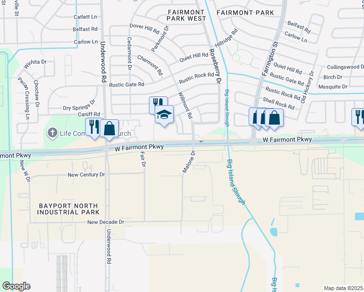 map of restaurants, bars, coffee shops, grocery stores, and more near 9810 West Fairmont Parkway in La Porte