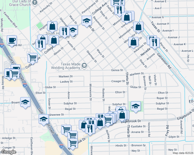 map of restaurants, bars, coffee shops, grocery stores, and more near 1015 Marleen Street in Houston