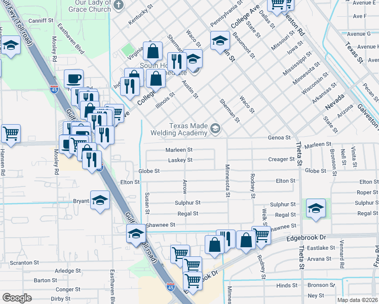 map of restaurants, bars, coffee shops, grocery stores, and more near 1231 Marleen Street in Houston