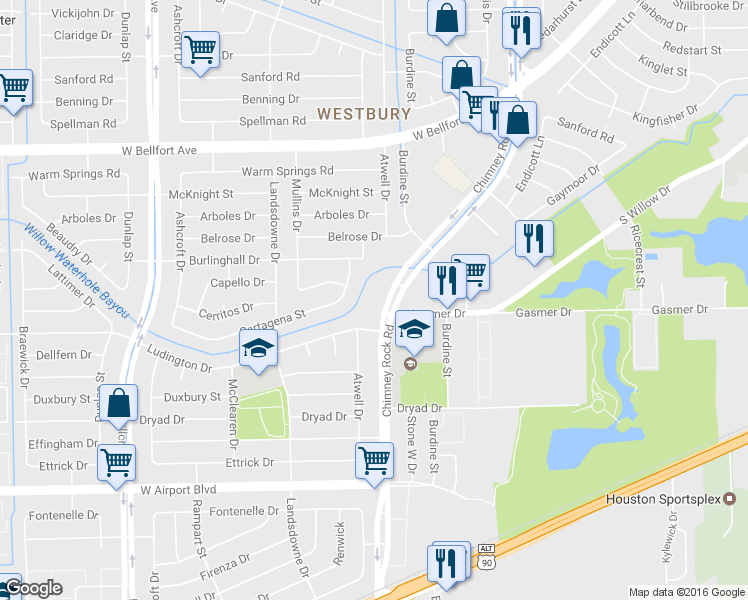 map of restaurants, bars, coffee shops, grocery stores, and more near 11810 Chimney Rock Road in Houston
