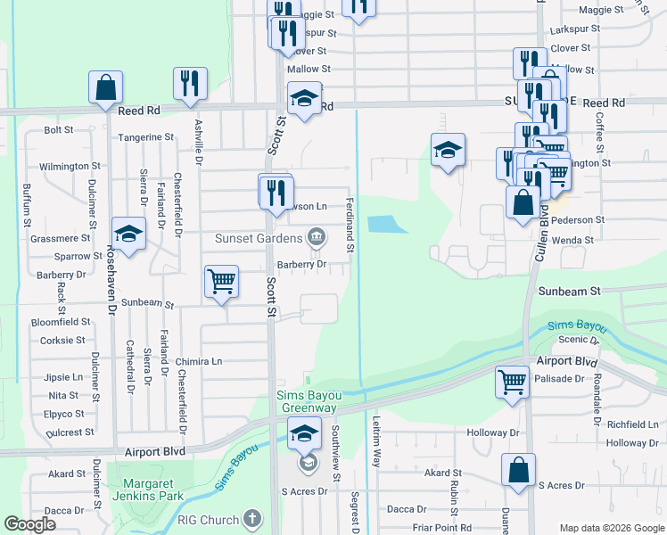 map of restaurants, bars, coffee shops, grocery stores, and more near 4226 Barberry Drive in Houston