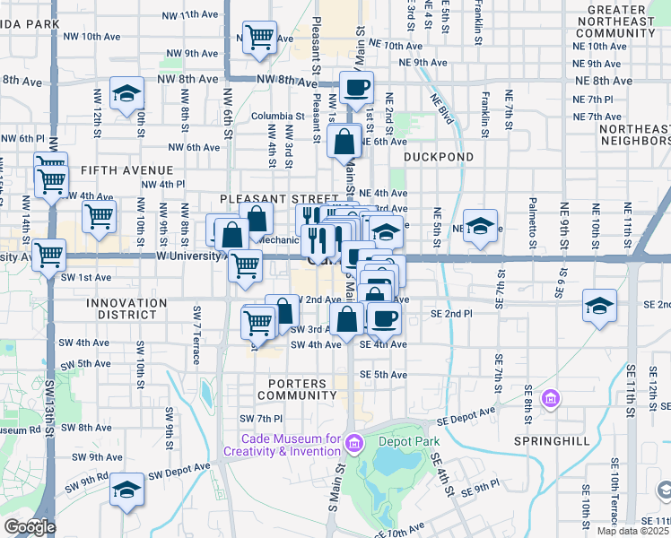 map of restaurants, bars, coffee shops, grocery stores, and more near 100 West University Avenue in Gainesville