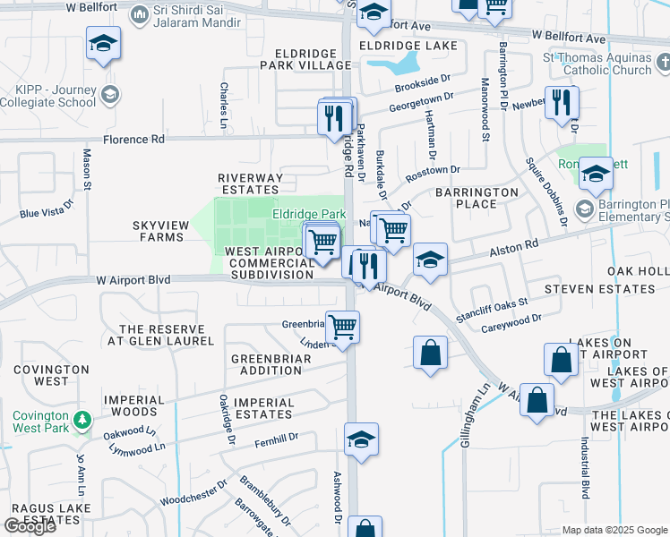 map of restaurants, bars, coffee shops, grocery stores, and more near 2158 Eldridge Road in Sugar Land