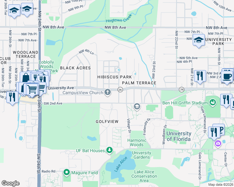 map of restaurants, bars, coffee shops, grocery stores, and more near 2618 West University Avenue in Gainesville