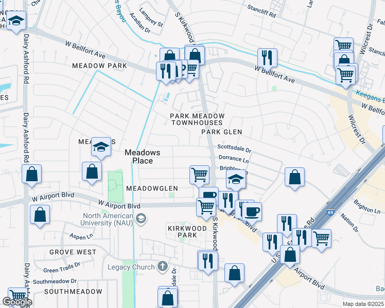 map of restaurants, bars, coffee shops, grocery stores, and more near 11807 Scottsdale Drive in Stafford