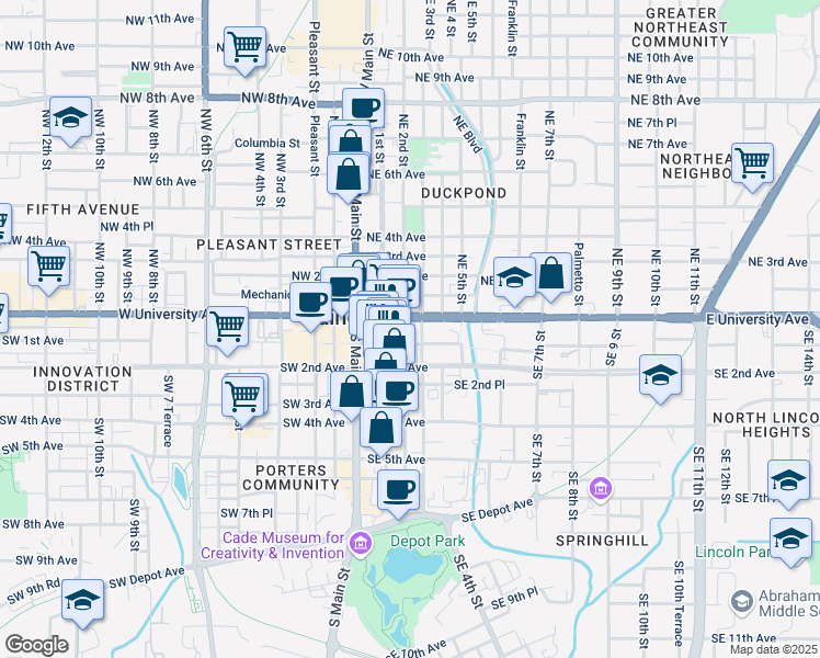 map of restaurants, bars, coffee shops, grocery stores, and more near 201 East University Avenue in Gainesville