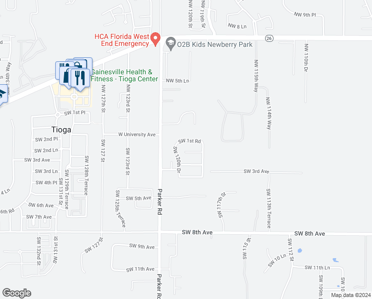 map of restaurants, bars, coffee shops, grocery stores, and more near 12014 Southwest 1 Lane in Gainesville