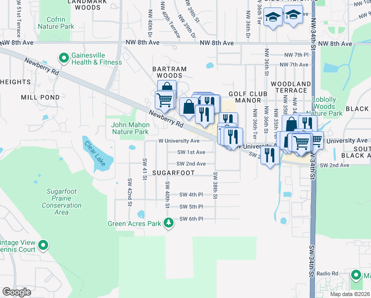 map of restaurants, bars, coffee shops, grocery stores, and more near 3909 West University Avenue in Gainesville