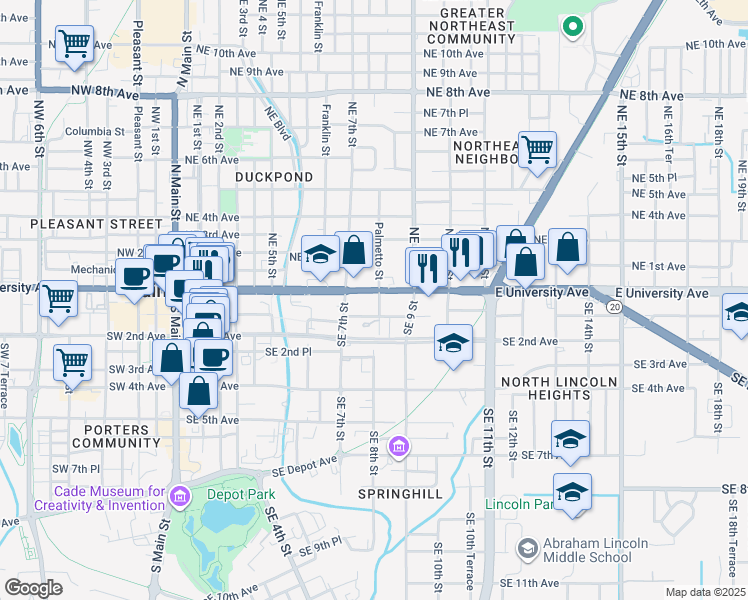 map of restaurants, bars, coffee shops, grocery stores, and more near 716 East University Avenue in Gainesville
