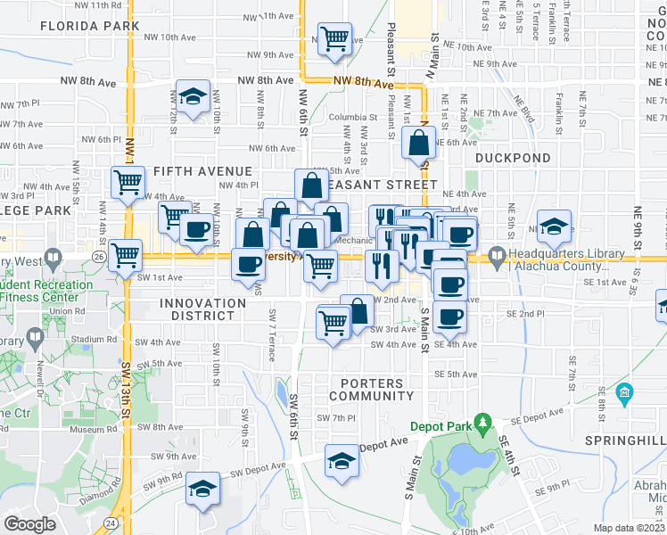map of restaurants, bars, coffee shops, grocery stores, and more near 413 Florida 24 in Gainesville