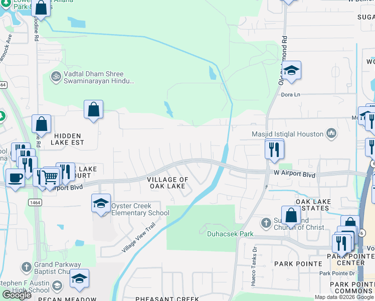 map of restaurants, bars, coffee shops, grocery stores, and more near 16311 Concord Falls Lane in Sugar Land