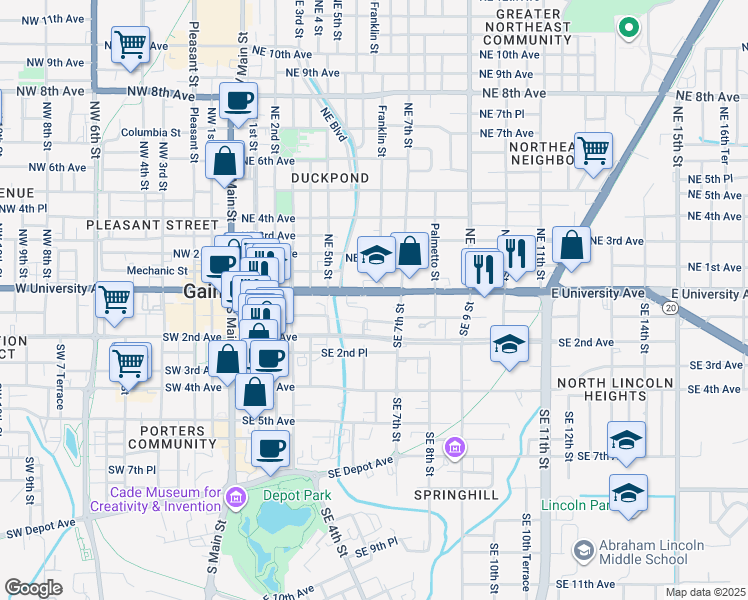 map of restaurants, bars, coffee shops, grocery stores, and more near 617 East University Avenue in Gainesville