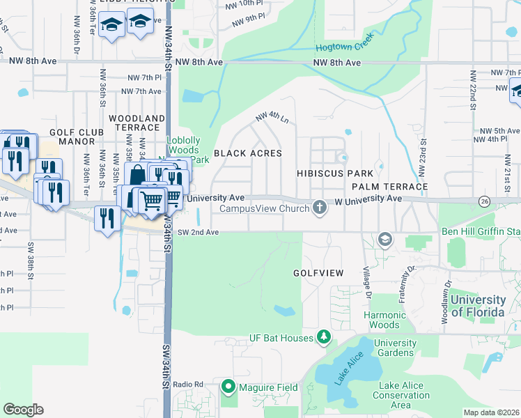 map of restaurants, bars, coffee shops, grocery stores, and more near 2861 West University Avenue in Gainesville