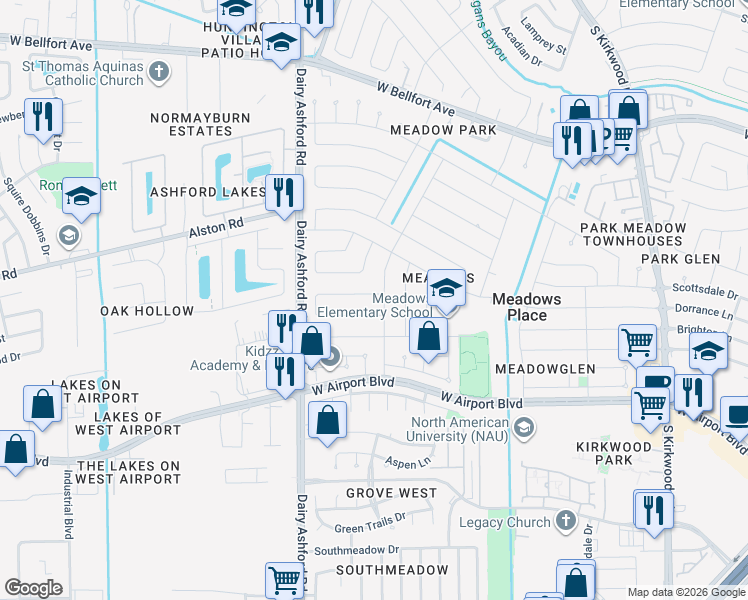 map of restaurants, bars, coffee shops, grocery stores, and more near 12210 Level Run Street in Stafford