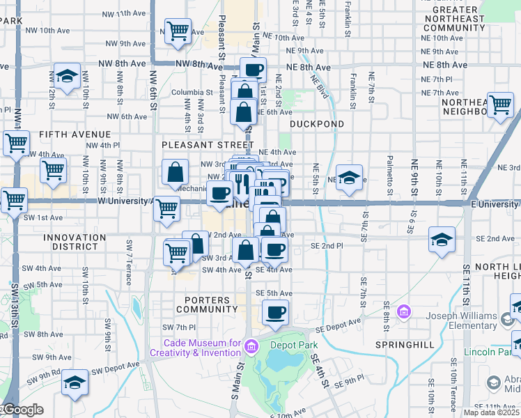 map of restaurants, bars, coffee shops, grocery stores, and more near 12 Southeast 1st Street in Gainesville