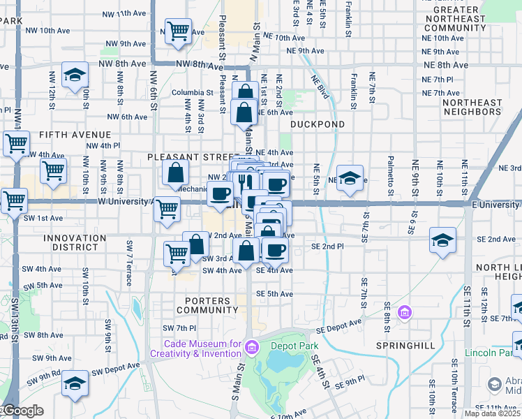 map of restaurants, bars, coffee shops, grocery stores, and more near 12 Southeast 1st Street in Gainesville