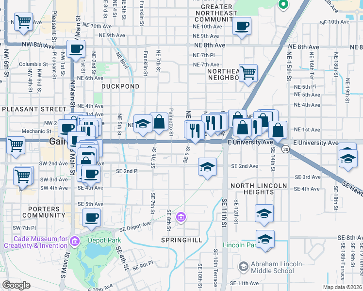 map of restaurants, bars, coffee shops, grocery stores, and more near 835 East University Avenue in Gainesville