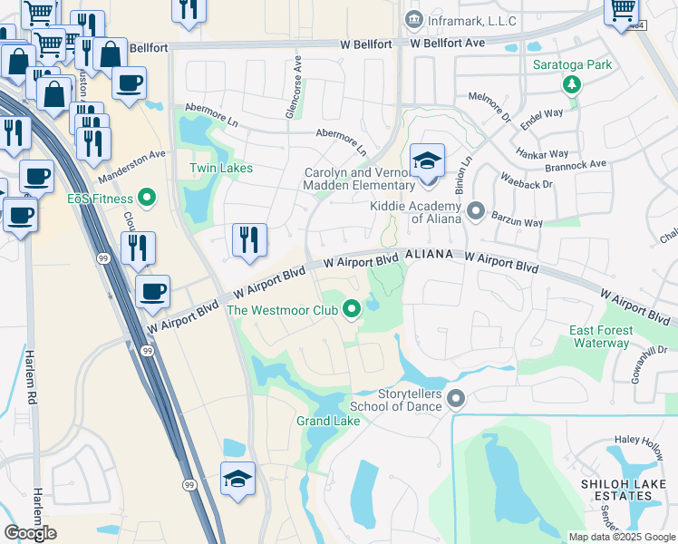 map of restaurants, bars, coffee shops, grocery stores, and more near 18114 Shimmer Lane in Richmond