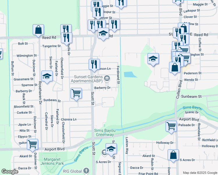 map of restaurants, bars, coffee shops, grocery stores, and more near 4127 Barberry Drive in Houston