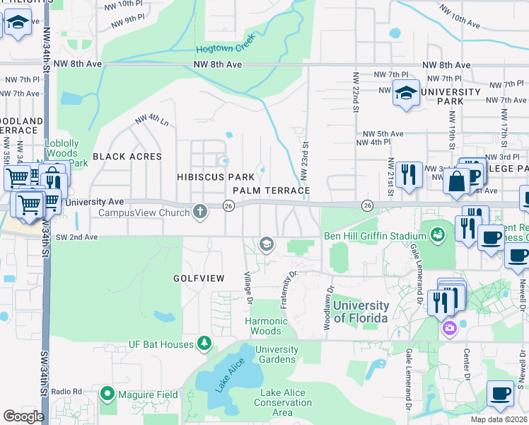 map of restaurants, bars, coffee shops, grocery stores, and more near 3 Southwest 24 Street in Gainesville