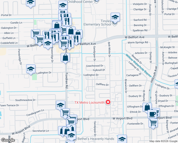 map of restaurants, bars, coffee shops, grocery stores, and more near 6458 Coachwood Drive in Houston