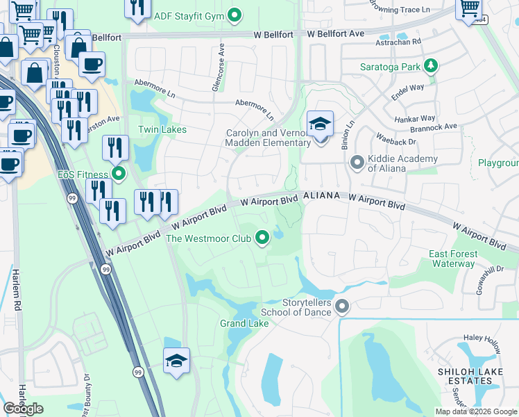 map of restaurants, bars, coffee shops, grocery stores, and more near 18114 Shimmer Lane in Richmond