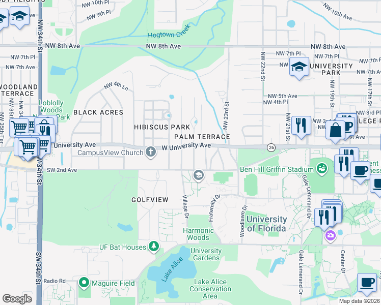 map of restaurants, bars, coffee shops, grocery stores, and more near 16 Southwest 24 Street in Gainesville