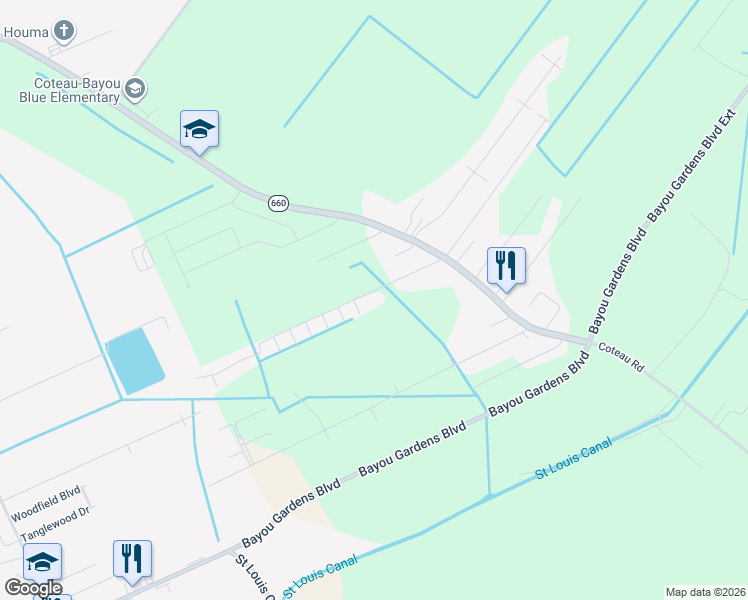 map of restaurants, bars, coffee shops, grocery stores, and more near 108-198 Old Mill Road in Houma