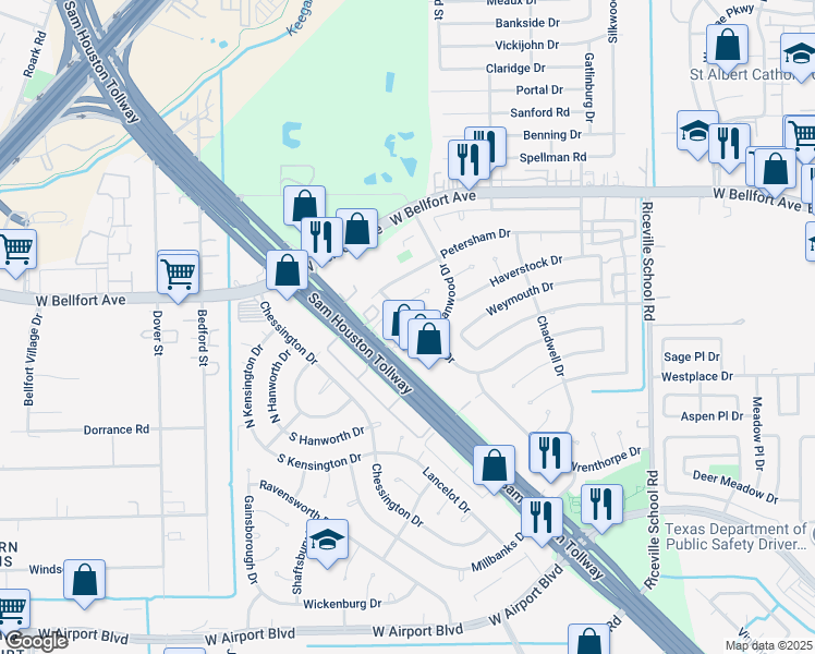 map of restaurants, bars, coffee shops, grocery stores, and more near 11915 Manorgate Drive in Houston