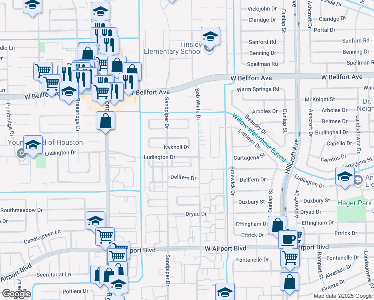 map of restaurants, bars, coffee shops, grocery stores, and more near 6335 Ivyknoll Drive in Houston