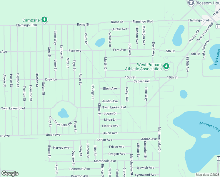 map of restaurants, bars, coffee shops, grocery stores, and more near Birch Avenue in Interlachen