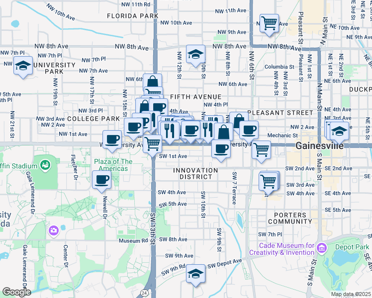 map of restaurants, bars, coffee shops, grocery stores, and more near 1115 Florida 24 in Gainesville