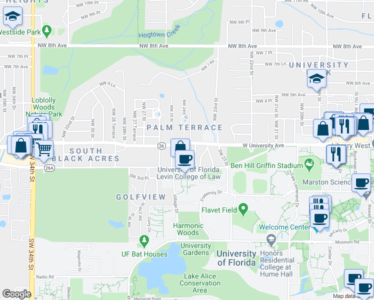 map of restaurants, bars, coffee shops, grocery stores, and more near 3 Southwest 24 Street in Gainesville