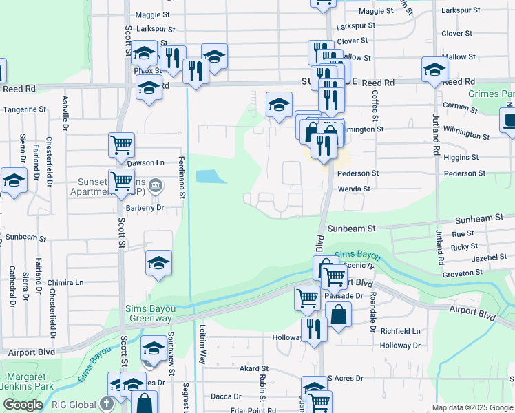map of restaurants, bars, coffee shops, grocery stores, and more near Unnamed Road in Houston