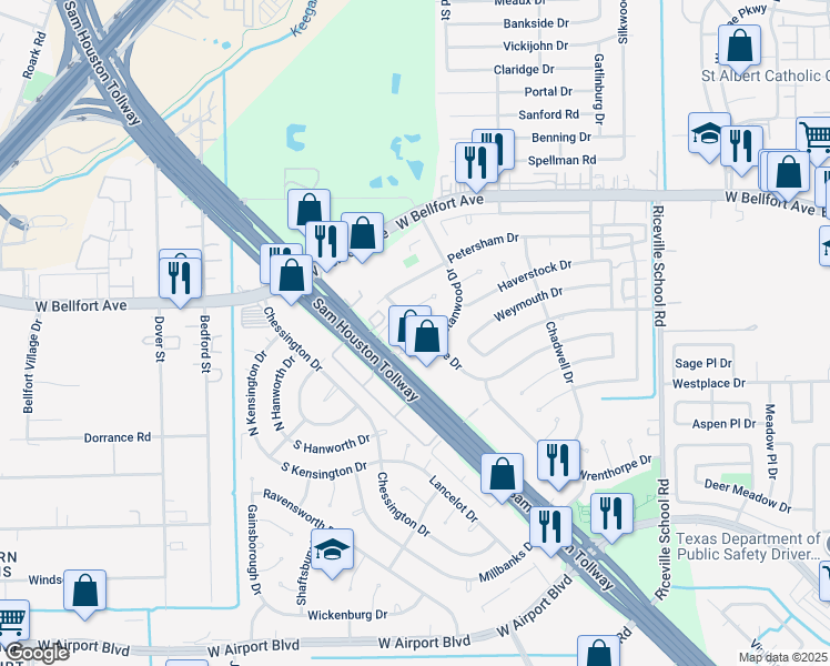 map of restaurants, bars, coffee shops, grocery stores, and more near 11915 Manorgate Drive in Houston