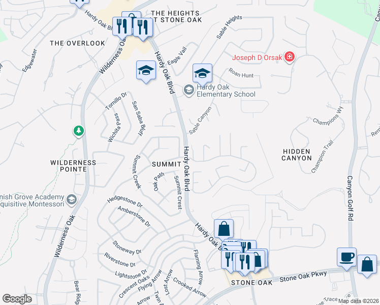 map of restaurants, bars, coffee shops, grocery stores, and more near 1319 Mesa Draw in San Antonio
