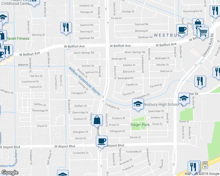 map of restaurants, bars, coffee shops, grocery stores, and more near 11627 Hillcroft Street in Houston