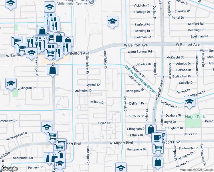 map of restaurants, bars, coffee shops, grocery stores, and more near 11625 Bob White Drive in Houston