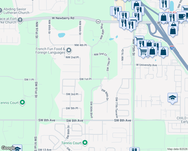 map of restaurants, bars, coffee shops, grocery stores, and more near 8116 Southwest 1st Place in Gainesville