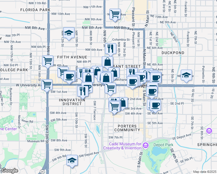 map of restaurants, bars, coffee shops, grocery stores, and more near 1 Southwest 5th Terrace in Gainesville