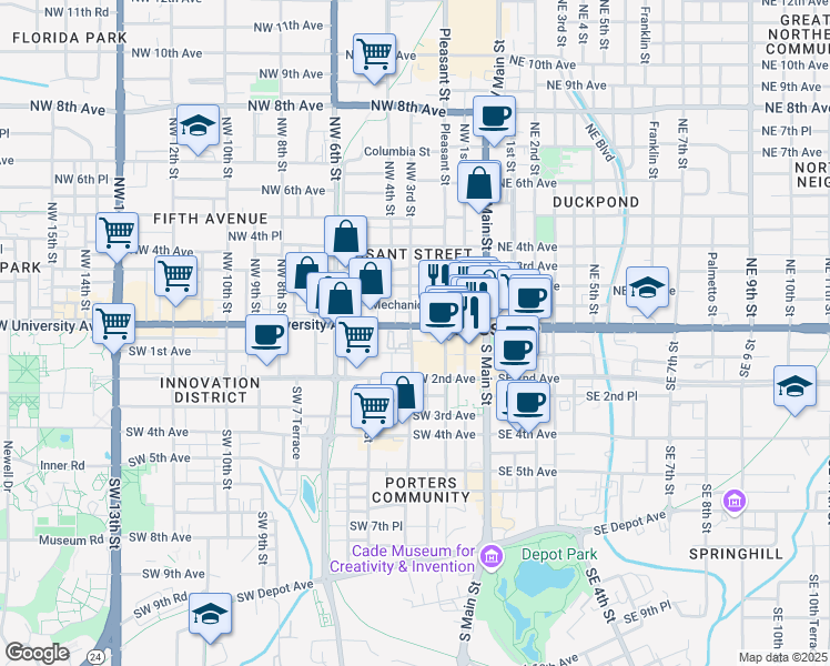 map of restaurants, bars, coffee shops, grocery stores, and more near 249 West University Avenue in Gainesville