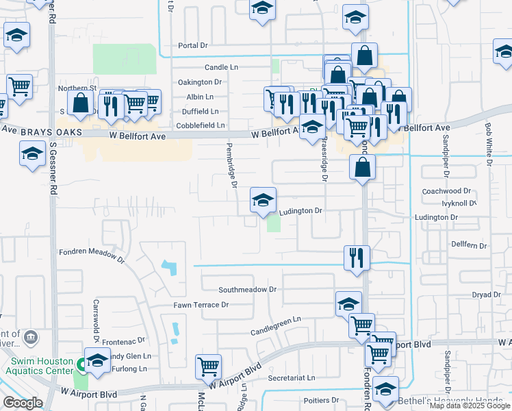 map of restaurants, bars, coffee shops, grocery stores, and more near 7819 Coachwood Drive in Houston