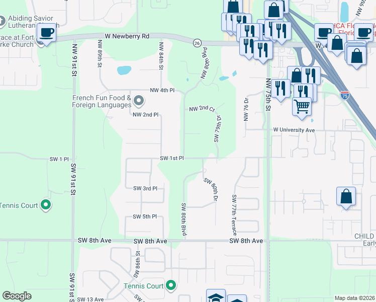 map of restaurants, bars, coffee shops, grocery stores, and more near 8116 Southwest 1st Place in Gainesville