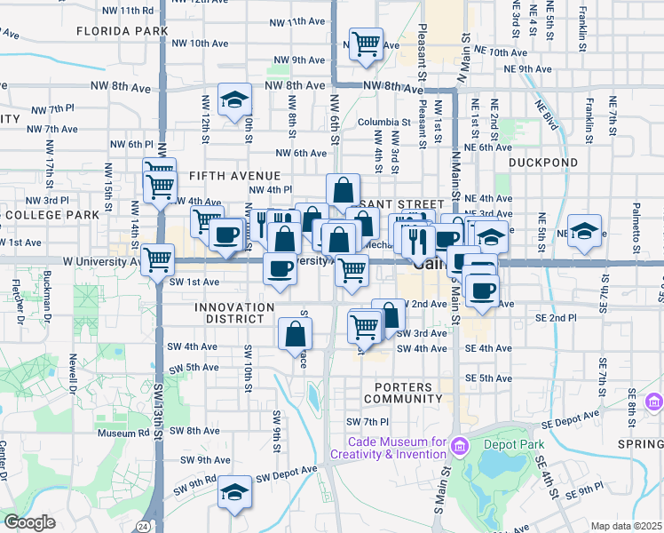 map of restaurants, bars, coffee shops, grocery stores, and more near 1 Southwest 5th Terrace in Gainesville