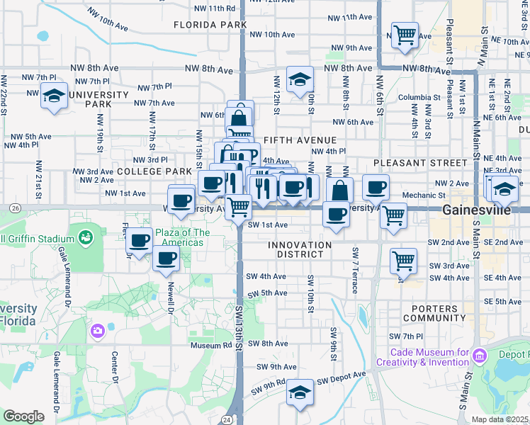 map of restaurants, bars, coffee shops, grocery stores, and more near 1223 West University Avenue in Gainesville